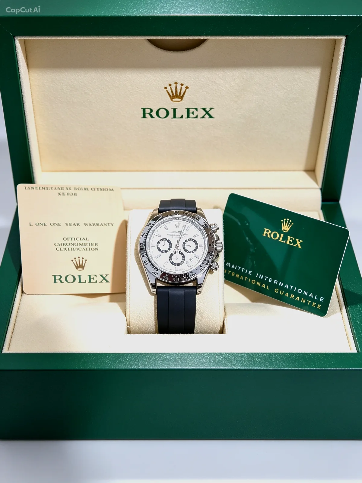 רולקס 👑 דייטונה ⌚️ כסף לוח מחוגים לבן 🤍 רוצעת גומי שחורה עם סוגר כסף מגנון קוורץ'A ⚙️ וזכוכית ספיר – דוד שעונים – תמונה 4