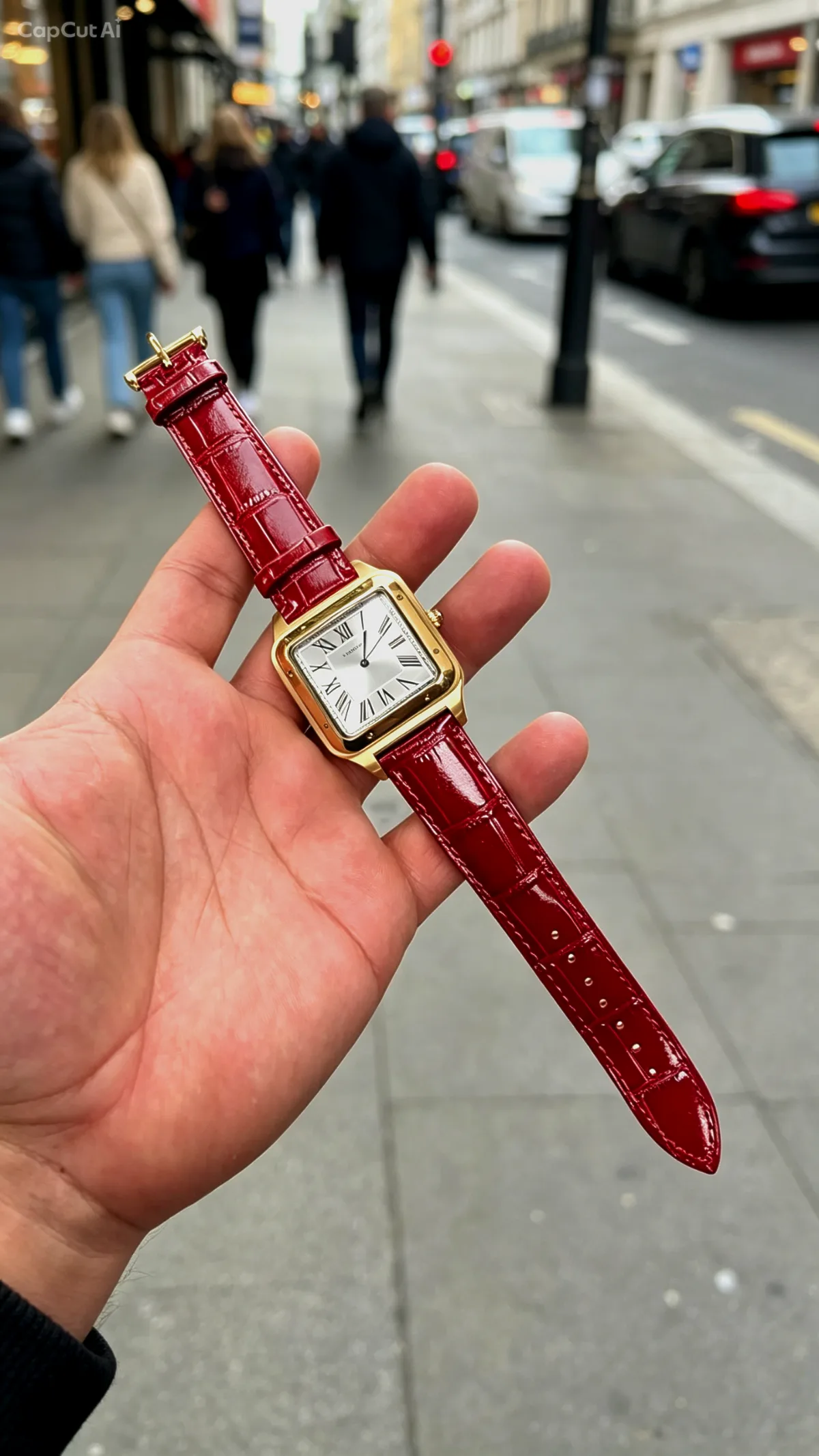 שעון קרטייר 🌟⌚️ שוויצרי זהב לוח מחוגים לבן 🤍 עם רצועת עור אדומה ❤️ – דוד שעונים – תמונה 2