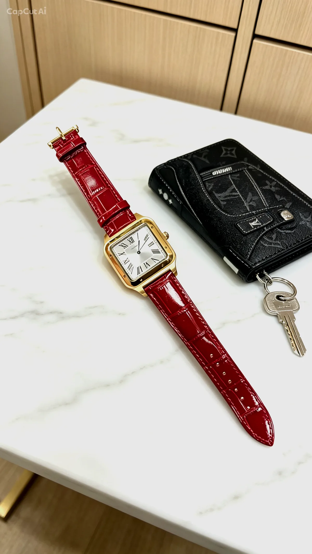 שעון קרטייר 🌟⌚️ שוויצרי זהב לוח מחוגים לבן 🤍 עם רצועת עור אדומה ❤️ – דוד שעונים – תמונה 3